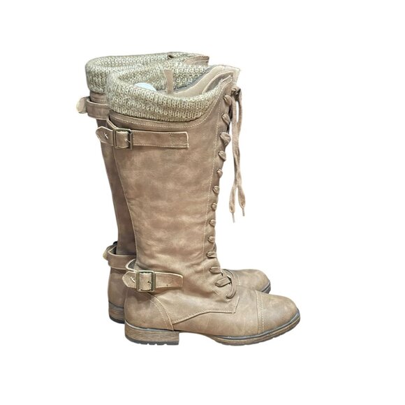 Shoes - Knee-High Faux Leather Lace-Up Combat Boots With Knit Cuffs - Size 10M